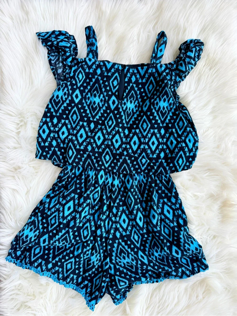 Justice Blue Geometric Off-Shoulder Romper with Embroidered Front Size 10 (L)